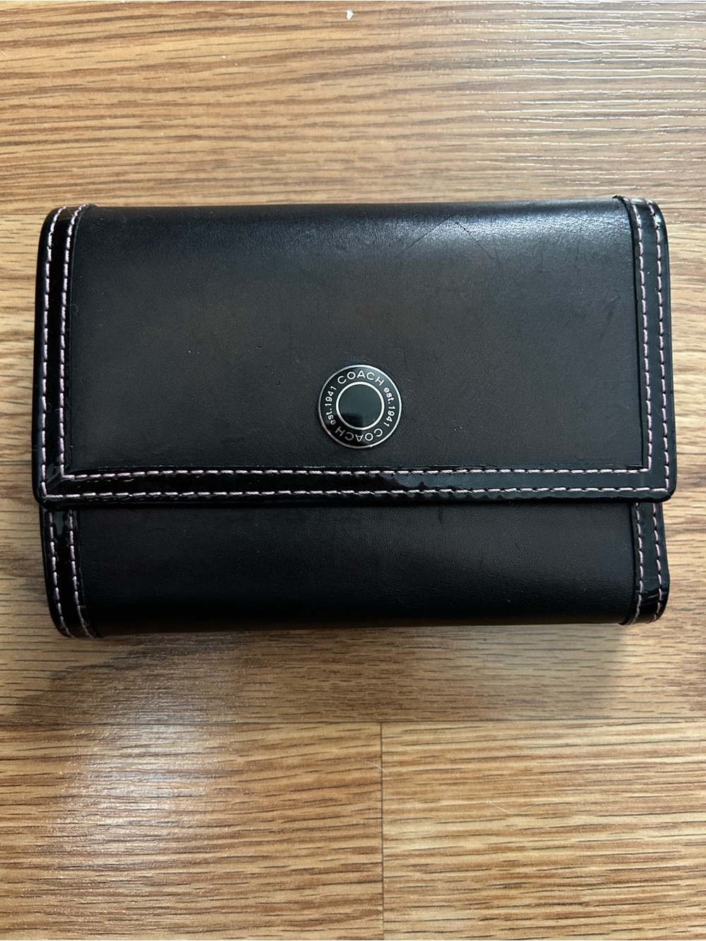 Coach Black Leather Compact Trifold Wallet with Light Pink Stitching